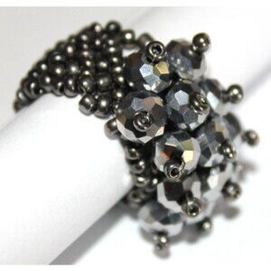 Silver Hematite Faceted Crystal Seed Bead One Size Stretch Ring 7-10